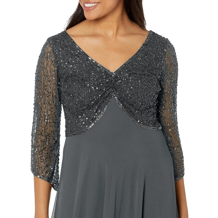 J Kara Women's 3/4 Sleeve V-Neck Beaded Top Long Gown, Grey/Gun, 18 by J Kara - Image 3