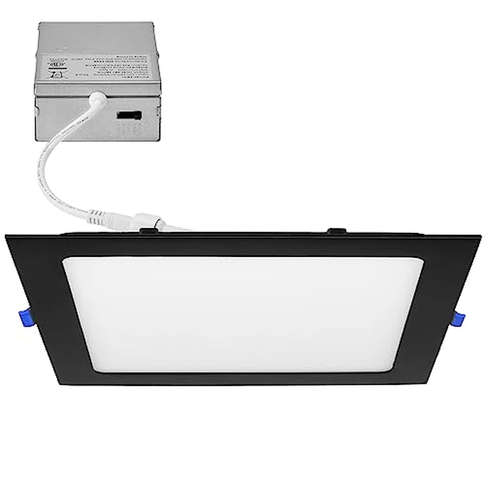 Maxxima 8 in. 5 CCT Square Recessed LED Downlight, 1400 Lumens, Slim Flat Panel Color Selectable (2700K/3000K/3500K/4000K/5000K), Dimmable, Canless IC Rated, Black Trim, J-Box Included by Maxxima - Image 1