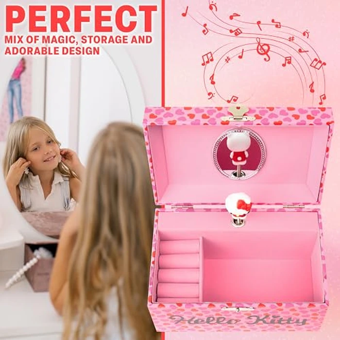 Hello Kitty Sanrio Musical Jewelry Box for Girls Teens Women Kawaii Wind Up Music Box Jewelry Organizer Ring Holder Gifts for Women (Pink by Hello Kitty - Image 2