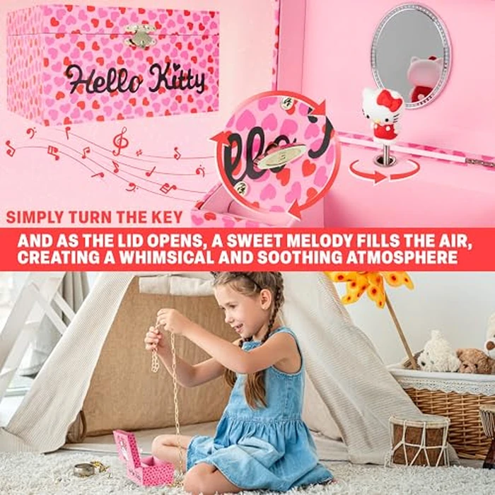 Hello Kitty Sanrio Musical Jewelry Box for Girls Teens Women Kawaii Wind Up Music Box Jewelry Organizer Ring Holder Gifts for Women (Pink by Hello Kitty - Image 3