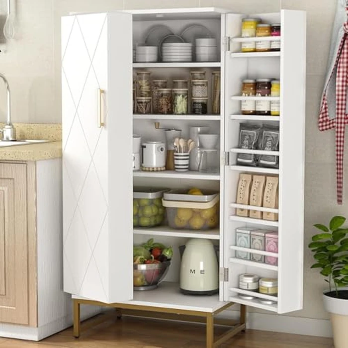 kepptory 51” Kitchen Pantry Storage Cabinet, White Freestanding Pantry Cabinets with Doors and Adjustable Shelves, Buffet Cupboards Storage Cabinet for Home Office Use, Dinning Room(White + Gold) by kepptory - Used - Very Good condition - US$110.18