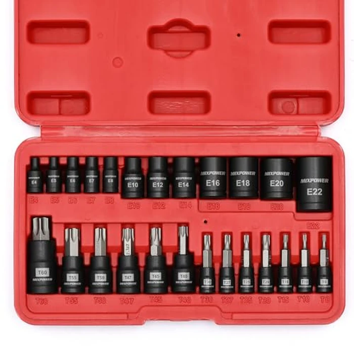 MIXPOWER 25 Piece Torx Bit and Socket Set, 13 Star Bits (T8- T60) & 12 E-Torx Sockets (E4-E22), Professional Grade Auto & Motorcycle Mechanic Set by MIXPOWER - Used - Good condition - US$20.98