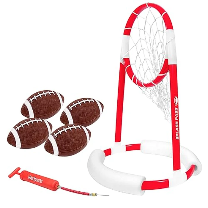 GoSports Splash Pass Floating Pool Football Game Includes Hoop, 4 Footballs and Pump by GoSports - Used - Acceptable condition - US$21.39