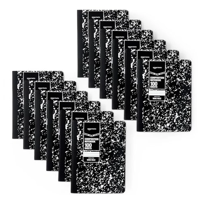 Amazon Basics Composition Notebook, Wide Ruled, 100 Sheets, 12 pack, Marble Black, 9.75" x 7.5" by Amazon Basics - Used - Like New condition - CA$28.36