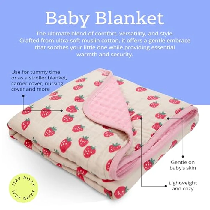 Itzy Ritzy Baby Blanket - Soft Cotton Muslin Multi-Use Blanket - Can Be Used as a Tummy Time Mat, Nursing Cover, Stroller Shade & More - Measures 30" x 40", Machine Washable (Strawberry) by Itzy Ritzy - Image 2