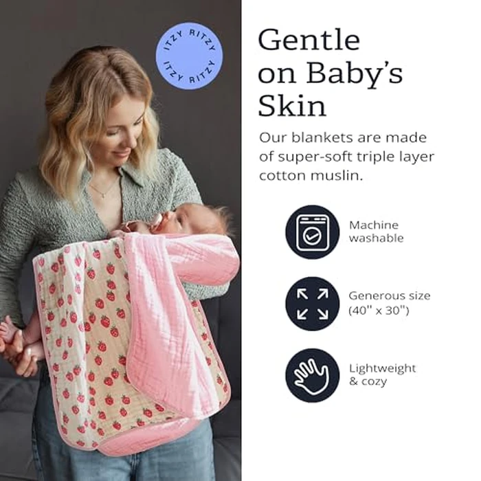 Itzy Ritzy Baby Blanket - Soft Cotton Muslin Multi-Use Blanket - Can Be Used as a Tummy Time Mat, Nursing Cover, Stroller Shade & More - Measures 30" x 40", Machine Washable (Strawberry) by Itzy Ritzy - Image 3