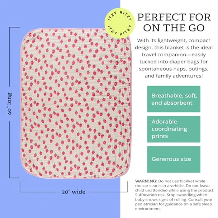 Itzy Ritzy Baby Blanket - Soft Cotton Muslin Multi-Use Blanket - Can Be Used as a Tummy Time Mat, Nursing Cover, Stroller Shade & More - Measures 30" x 40", Machine Washable (Strawberry) by Itzy Ritzy - Image 4