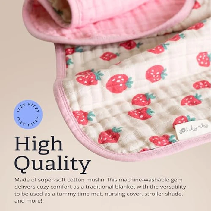 Itzy Ritzy Baby Blanket - Soft Cotton Muslin Multi-Use Blanket - Can Be Used as a Tummy Time Mat, Nursing Cover, Stroller Shade & More - Measures 30" x 40", Machine Washable (Strawberry) by Itzy Ritzy - Image 5