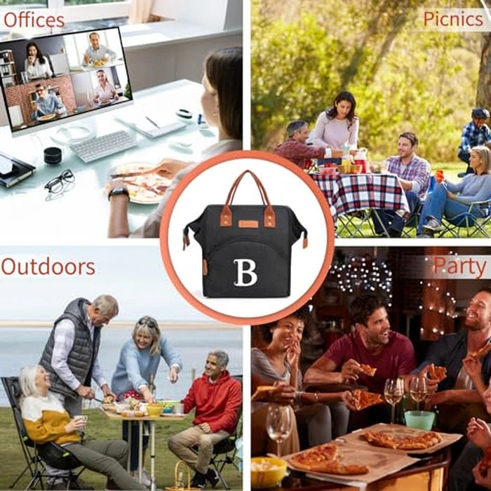 Personalized Lunch Box for Women, Initial Reusable Insulated Lunch Bag, Wide-Open Adult Lunchbox Cooler Lunchbag, Leakproof Lunch Tote for Picnic Work Outdoors, Christmas Gift for Women, Black - P by RIFESI - Image 3