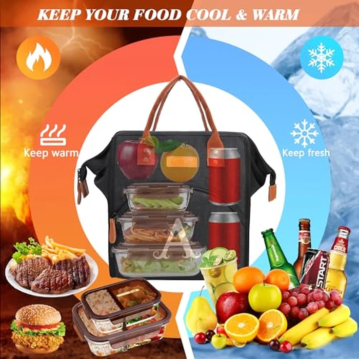 Personalized Lunch Box for Women, Initial Reusable Insulated Lunch Bag, Wide-Open Adult Lunchbox Cooler Lunchbag, Leakproof Lunch Tote for Picnic Work Outdoors, Christmas Gift for Women, Black - P by RIFESI - Image 5