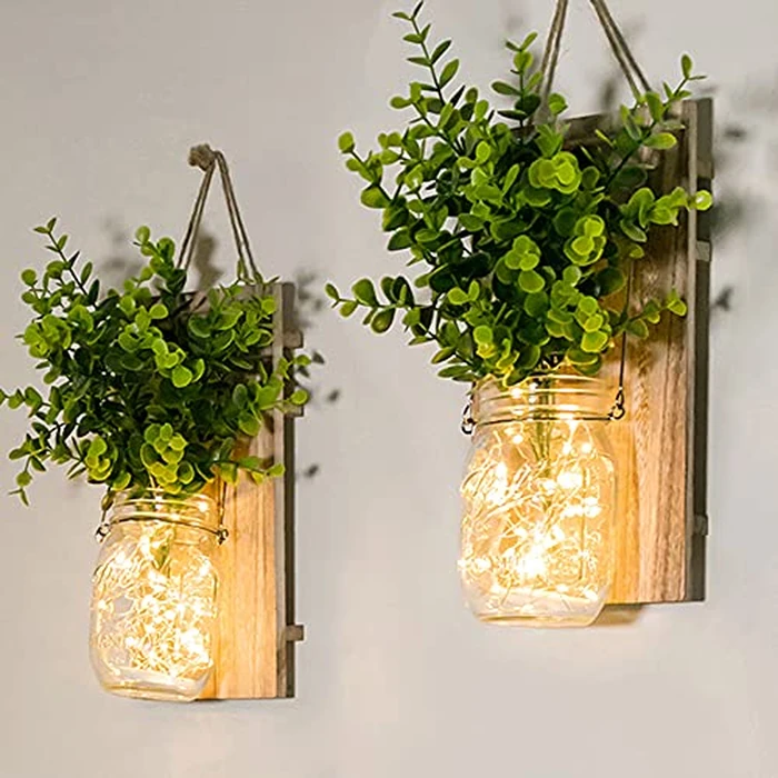 Rustic Wall Sconces, Mason Jar Sconces, Farmhouse Home Decor, LED Fairy Lights, Green Fake Plant, Interior Decoration Warm Toned Lighting. (2 Pack) by ECTY - Used - Very Good condition