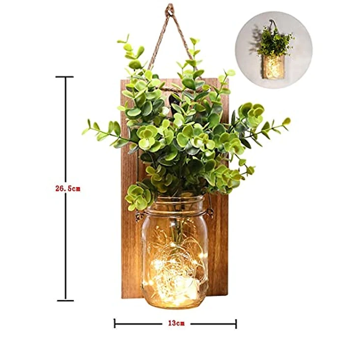 Rustic Wall Sconces, Mason Jar Sconces, Farmhouse Home Decor, LED Fairy Lights, Green Fake Plant, Interior Decoration Warm Toned Lighting. (2 Pack) by ECTY - Image 3