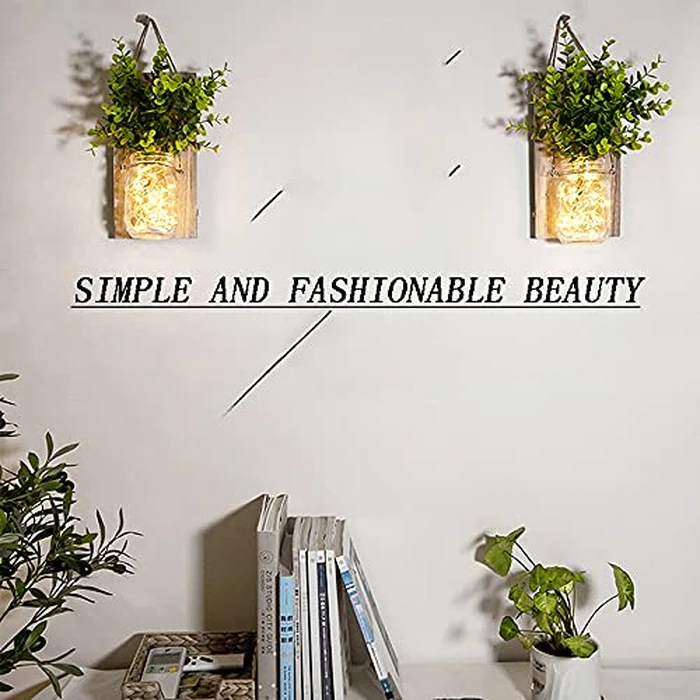 Rustic Wall Sconces, Mason Jar Sconces, Farmhouse Home Decor, LED Fairy Lights, Green Fake Plant, Interior Decoration Warm Toned Lighting. (2 Pack) by ECTY - Image 5
