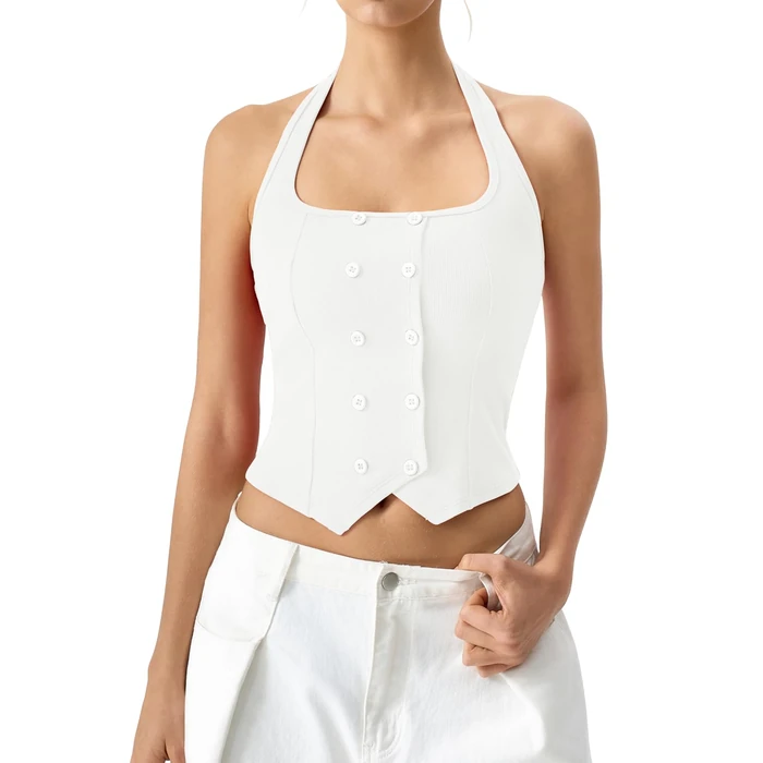 QINSEN Backless Halter Sleeveless Crop Top Women Square Neck Button Detail Slim Fit Corset Vest Daily Streetwear White S by QINSEN - Used - Like New condition - US$18.60