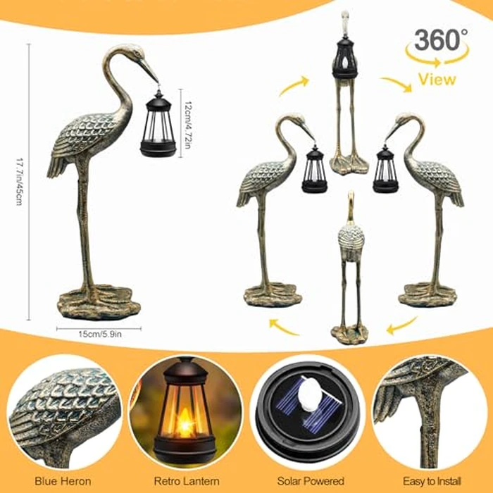 Solar Garden Statue Crane Figurine, Outdoor Hanging Solar Lanterns, 17.7 Inch Blue Heron Sculpture Statue for Patio Yard Porch, Garden Decor for Outside Birthday Gifts for Mom, Women Mother's Day by yulloyello - Image 2