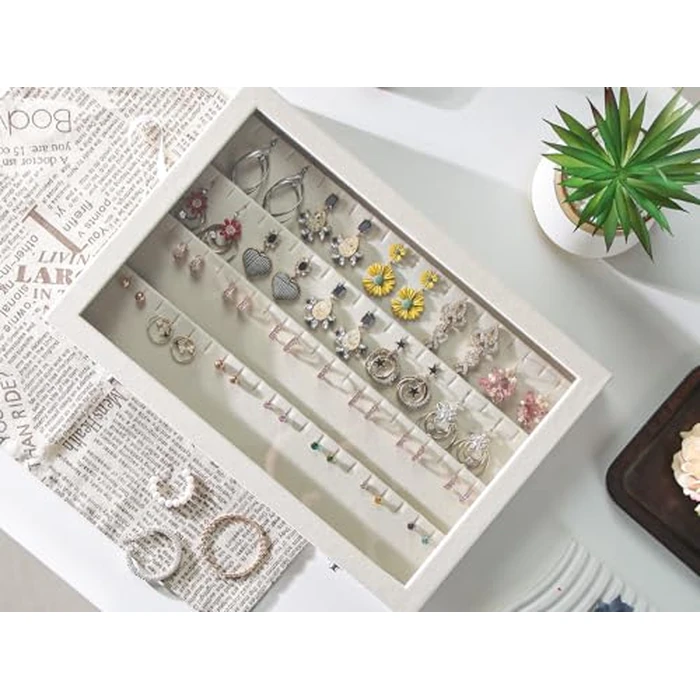Coward Earring Organizer Tray Box, Beige Velvet Earring Jewelry Display Storage Tray Case with Transparent Glass Lid for Home Drawer or Shop Selling by Coward - Used - Like New condition - US$15.19