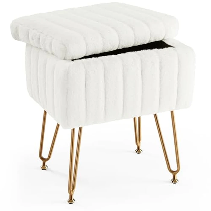 Sweetcrispy Vanity Stool Chair with Storage, Ottoman Chair Faux Fur Soft Padded Makeup Footstools Seat with 4 Metal Legs Anti-Slip Adjustable Feet for Make Up,18.9”H x 16”L x 12.2”W,White by Sweetcrispy - Used - Very Good condition - CA$39.27