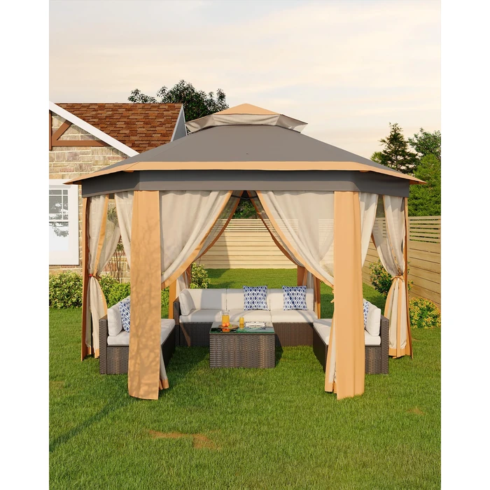 GarveeLife 13'x13' Pop-Up Gazebo, Outdoor Hexagonal Patio Gazebo with Mosquito Netting, Instant Setup Canopy Tent with Strong Steel Frame and Sandbags, for Backyard, Gardens, Patio (Khaki) by GarveeLife - Used - Like New condition - US$123.49