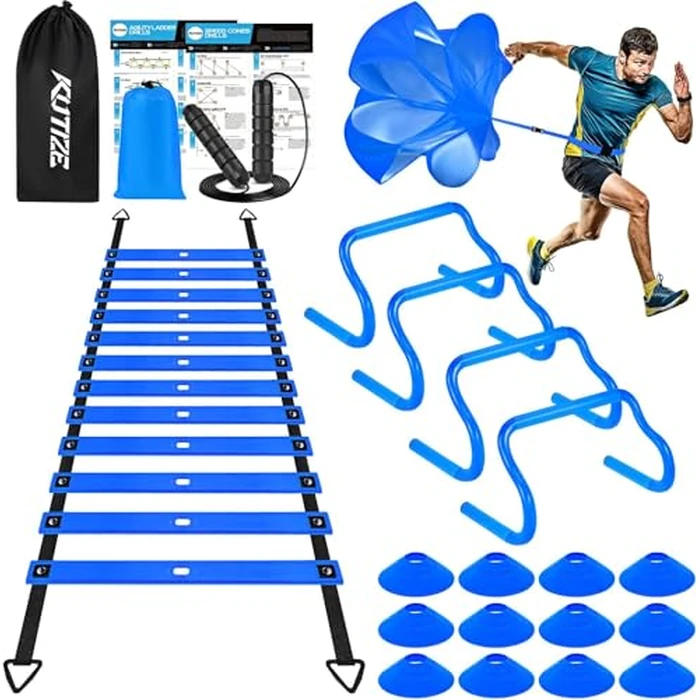 KUTIZE Soccer Training Equipment, 20ft Agility Ladder Set,12 Cones, 4 Hurdles, Parachute, Jump Rope & Carry Bag, Improves Power, Speed, Strength, Basketball Foodball Training Equipment for Youth Adult by KUTIZE - Used - Like New condition - CA$45.19