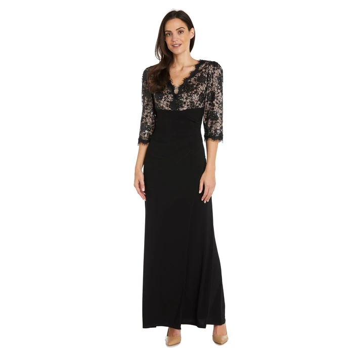 R&M Richards Women's V-Neck Cocktail Maxi Dress W/ 3/4 Sleeves, Sequin Lace Bodice - Evening Gown, Cocktail Party by R&M Richards - Used - Very Good condition - US$94.74
