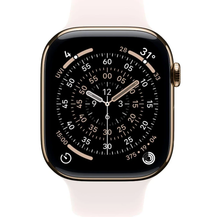 Apple Watch Series 11 (Cellular + GPS) - 64GB - 46mm - Gold Titanium Case with Light Blush Silicone Sport Band - M/L Size by Apple - Image 1