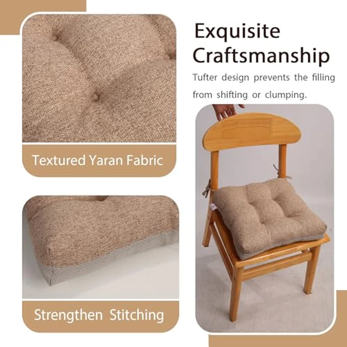 BLISENCHY Indoor Kitchen Chair Cushions Set of 4 18"*16.5"*3" Soft Anti Slip Dining Chair Pads Tufted Kitchen Seat Cushion with Ties, (Nature Linen) by BLISENCHY - Image 2