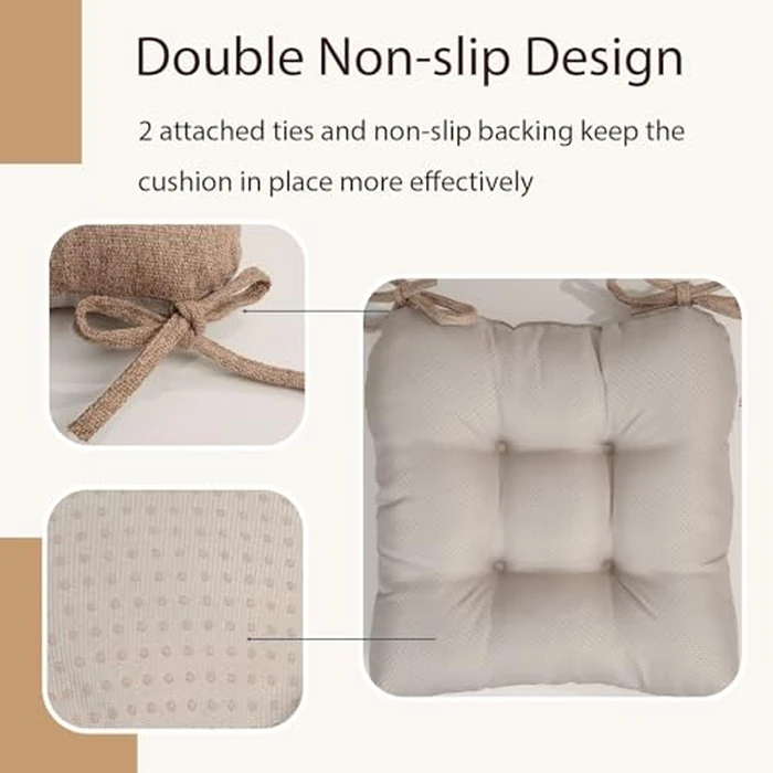 BLISENCHY Indoor Kitchen Chair Cushions Set of 4 18"*16.5"*3" Soft Anti Slip Dining Chair Pads Tufted Kitchen Seat Cushion with Ties, (Nature Linen) by BLISENCHY - Image 3