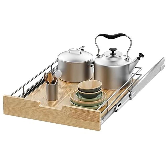 Pull Out Cabinet Organizer,Heavy-Duty Slide Out Shelf, Wood And Wire Basket, Pull Out Drawer for for Kitchen Under Sink Space, Pantry, Bathroom (17 * 21in -Wood and Wire) by Sikarou - Used - Acceptable condition - CA$37.09