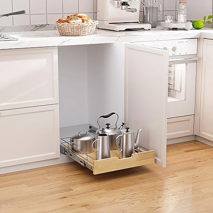 Pull Out Cabinet Organizer,Heavy-Duty Slide Out Shelf, Wood And Wire Basket, Pull Out Drawer for for Kitchen Under Sink Space, Pantry, Bathroom (17 * 21in -Wood and Wire) by Sikarou - Image 4