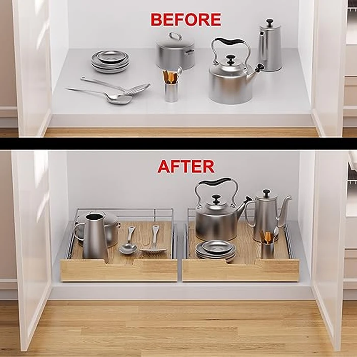 Pull Out Cabinet Organizer,Heavy-Duty Slide Out Shelf, Wood And Wire Basket, Pull Out Drawer for for Kitchen Under Sink Space, Pantry, Bathroom (17 * 21in -Wood and Wire) by Sikarou - Image 6