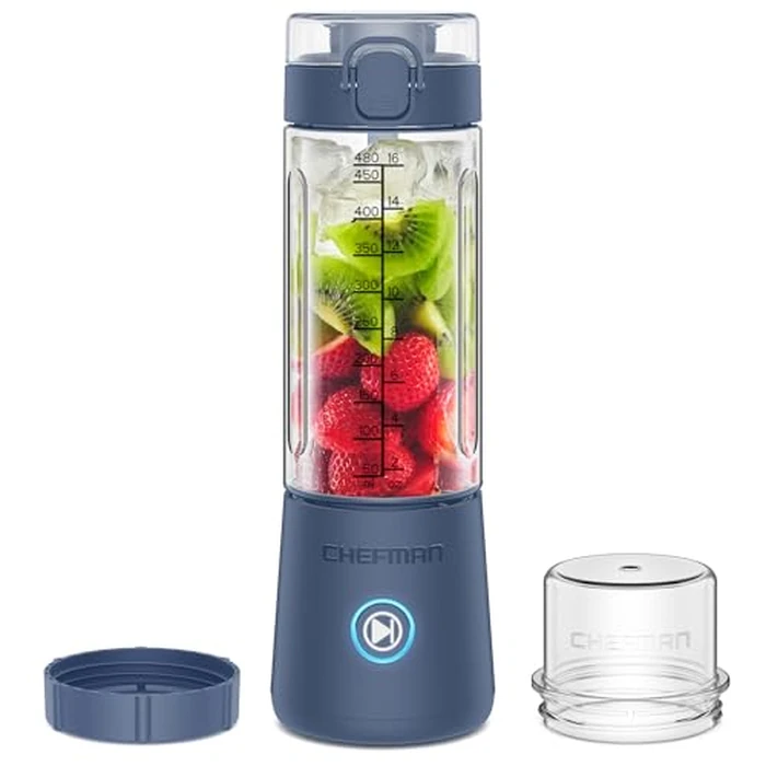 Chefman Cordless Portable Blender for Smoothies and Shakes, BPA-Free 16 oz Blending Jar w/Stainless-Steel Blades, USB-C Rechargeable with Color-Changing LEDs, Dishwasher-Safe Accessories - Blue by Chefman - Used - Acceptable condition