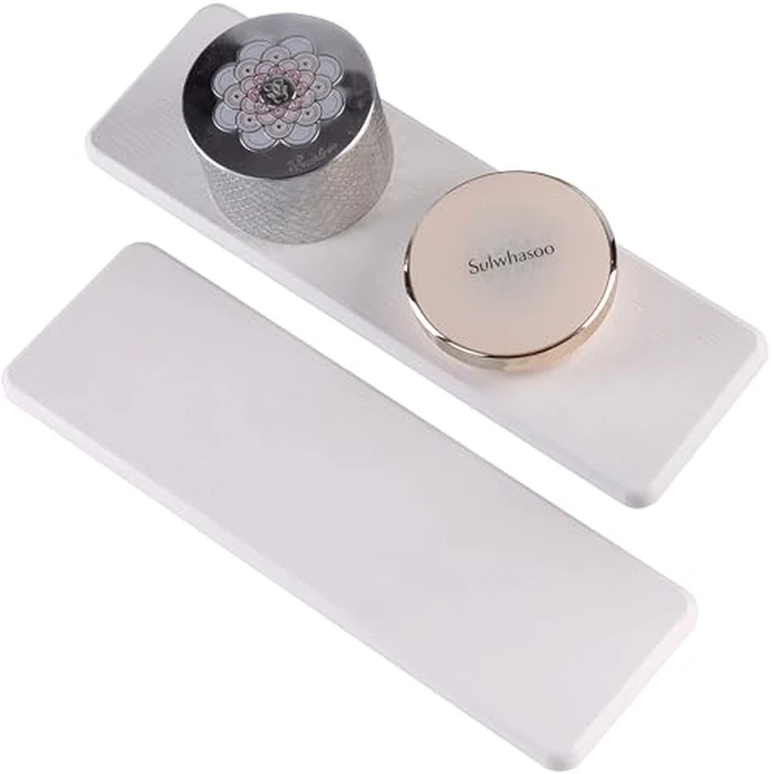 NiuYichee 2 Pcs Water Absorbing Stone Trays, Kitchen/Bathroom Sink Soap Dish, Diatomite Tray Used for Hand Soap & Cosmetic Bottles in The Modern Home, 3.15" W x 10.2" L, White by NiuYichee - Used - Like New condition - US$12.02