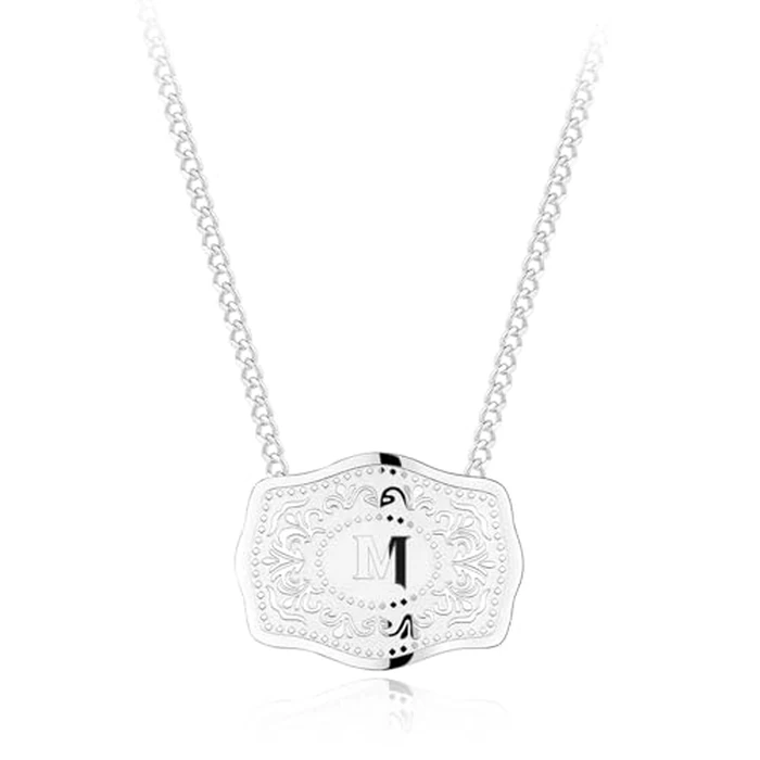 Holylegend Rhodium-Plated Initial Letter Pendant Necklace with Embossed Belt Buckle, Western Cowgirl Initial Necklace for Women, Buy 1 Get 15 Chains, Personalized Jewelry Gift for Women and Men by Holylegend - Used - Like New condition - US$17.14