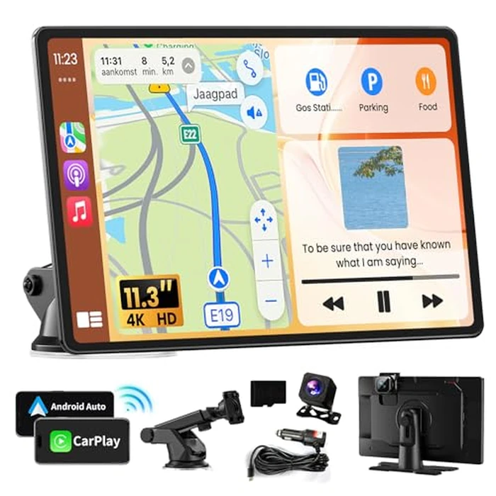 Portable A pple Carplay Screen for Car, 11.3" Extra Large Wireless CarPlay & Android Auto Screen for Car, CarStereo with 4K Dash Cam, App View, Backup Camera,GPS,Mirror Link,FM, Voice Control by M CARKUMI - Used - Like New condition