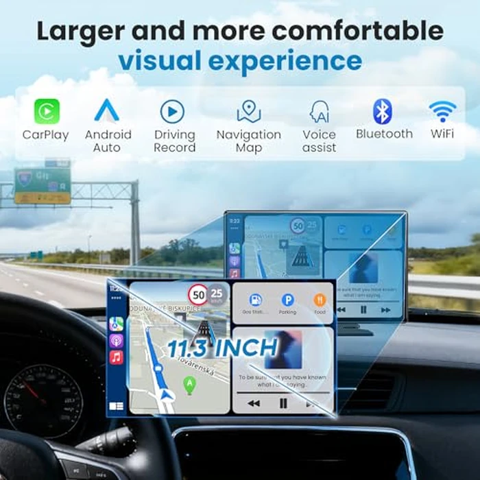Portable A pple Carplay Screen for Car, 11.3" Extra Large Wireless CarPlay & Android Auto Screen for Car, CarStereo with 4K Dash Cam, App View, Backup Camera,GPS,Mirror Link,FM, Voice Control by M CARKUMI - Image 4