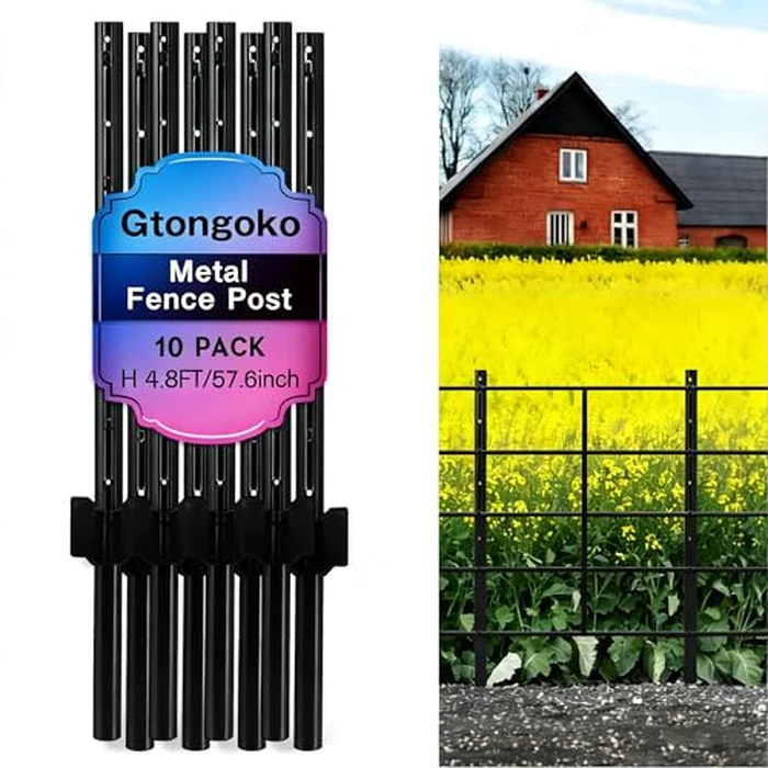 Gtongoko 4.8 Feet Heavy Duty Metal Fence Posts, 10 Pack U Channel Fence Post with Anchor Plate, Black Steel T Post for Garden, Yard, Farm, Wire Fencing by Gtongoko - Used - Like New condition