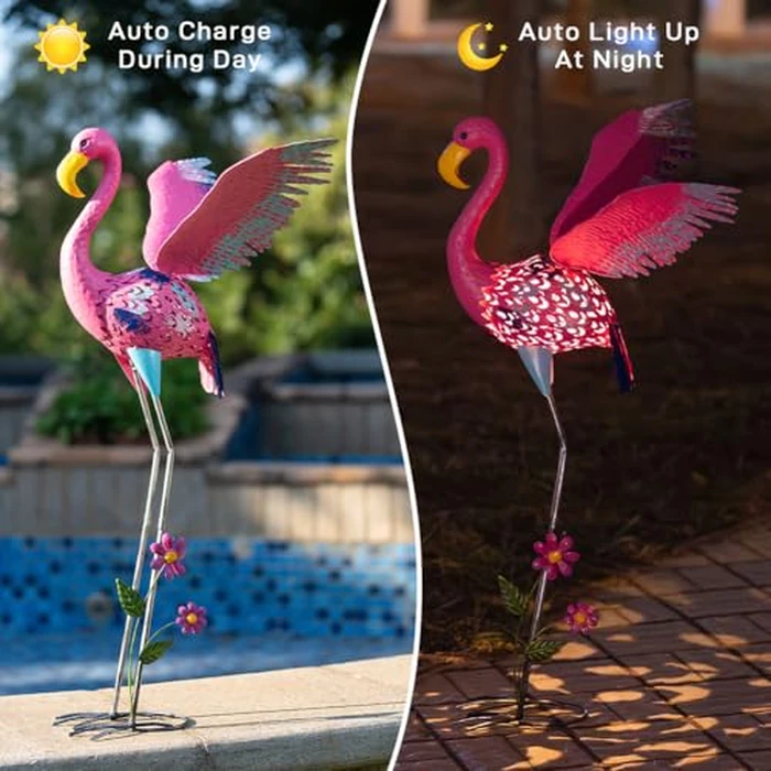 ViteenLight 42" Metal Flamingo Outdoor Statues,Garden Sculptures with Solar Light, Pink Flamingo Lawn Ornaments & Outdoor Decor for Patio, Backyard, Garden by ViteenLight - Image 3