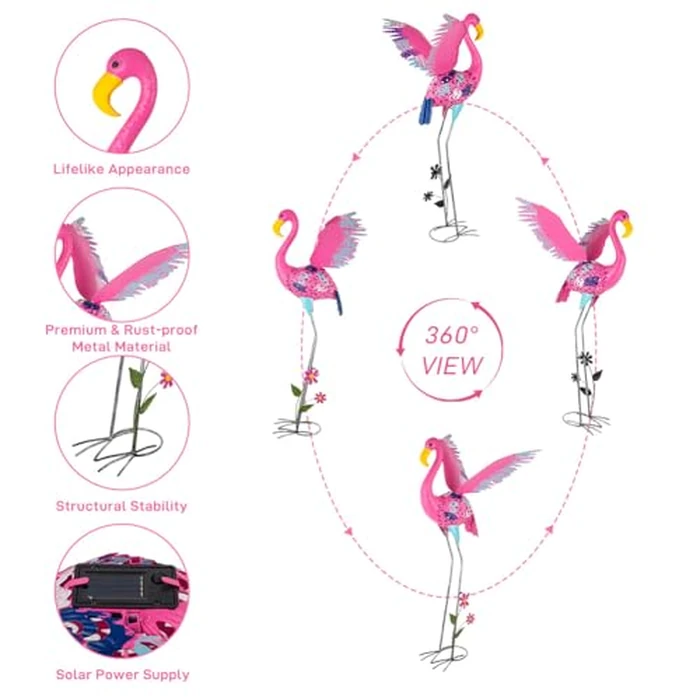 ViteenLight 42" Metal Flamingo Outdoor Statues,Garden Sculptures with Solar Light, Pink Flamingo Lawn Ornaments & Outdoor Decor for Patio, Backyard, Garden by ViteenLight - Image 5