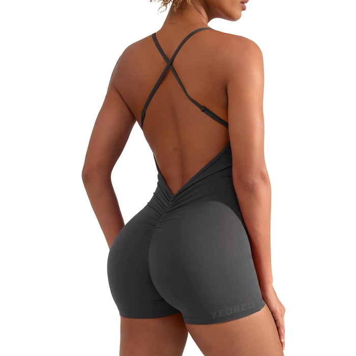 YEOREO Backless Tummy Control Jumpsuits for Women One Piece Workout Jumpsuits Sleeveless V Back Lizvette Scrunch Yoga Rompers Dark Gery S by YEOREO - Used - Like New condition - US$34.19