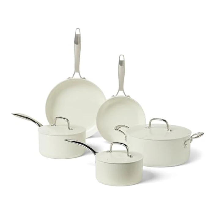 Amazon Basics Ceramic Nonstick Cookware, 8-Piece Set of Pots and Pans, Dishwasher and Oven-Safe, All Cooktop Friendly, Ivory by Amazon Basics - Used - Very Good condition
