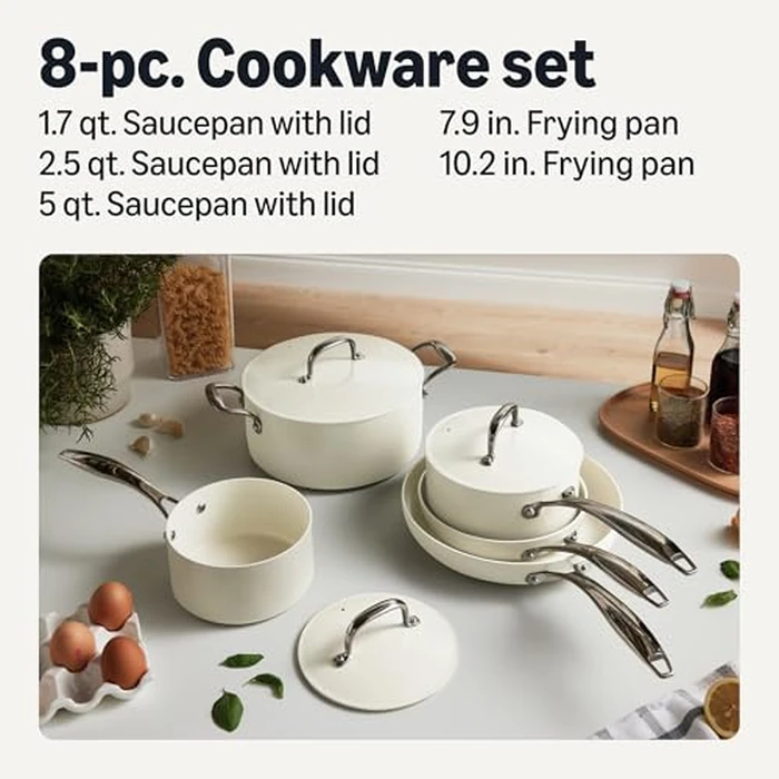 Amazon Basics Ceramic Nonstick Cookware, 8-Piece Set of Pots and Pans, Dishwasher and Oven-Safe, All Cooktop Friendly, Ivory by Amazon Basics - Image 2