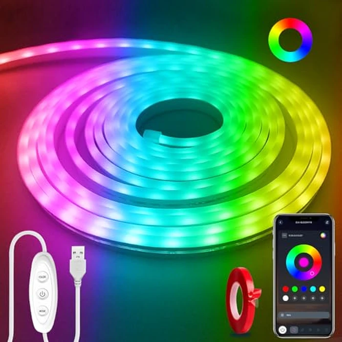 Yeewhale Neon Rope Lights，16.4ft RGB LED Strip Lights with App Control,Music Sync Flexible DIY Design,5V USB Powered Neon Lights for Bedroom,Gaming,and Party Decoration(with Adhesive Backing) by Yeewhale - Used - Like New condition - US$14.28