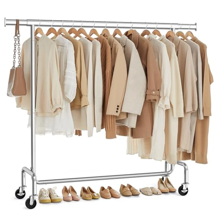 SONGMICS Clothes Rack with Wheels, Heavy-Duty Garment Rack with Extendable Hanging Rod, 130 kg Load Capacity, 45 x (110-150) x 160 cm, Chrome-Plated, Silver UHSR11S by SONGMICS - Used - Good condition