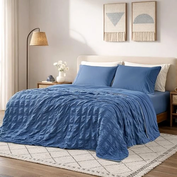 Cozy Bliss Cooling Comforter Seersucker Plaid King Size, Q-Max 0.45 Lightweight Cooling Blanket, Breathable Silk Smooth Summer Bedding Quilt for Hot Sleepers Night Sweats Denim Blue by Cozy Bliss - Used - Like New condition - US$93.05