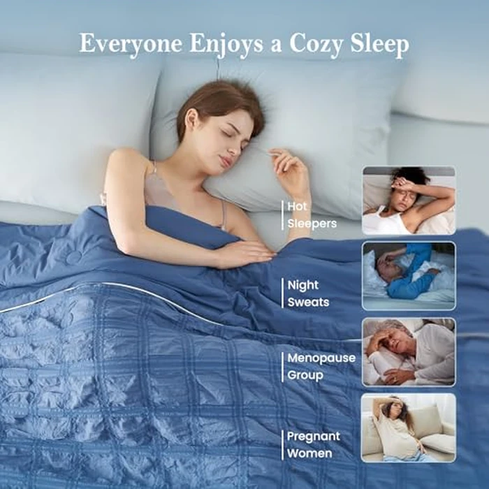 Cozy Bliss Cooling Comforter Seersucker Plaid King Size, Q-Max 0.45 Lightweight Cooling Blanket, Breathable Silk Smooth Summer Bedding Quilt for Hot Sleepers Night Sweats Denim Blue by Cozy Bliss - Image 2