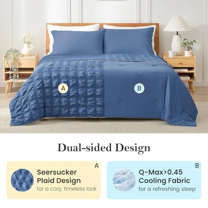 Cozy Bliss Cooling Comforter Seersucker Plaid King Size, Q-Max 0.45 Lightweight Cooling Blanket, Breathable Silk Smooth Summer Bedding Quilt for Hot Sleepers Night Sweats Denim Blue by Cozy Bliss - Image 3