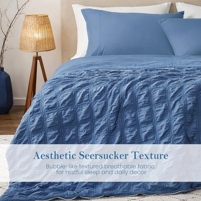 Cozy Bliss Cooling Comforter Seersucker Plaid King Size, Q-Max 0.45 Lightweight Cooling Blanket, Breathable Silk Smooth Summer Bedding Quilt for Hot Sleepers Night Sweats Denim Blue by Cozy Bliss - Image 6