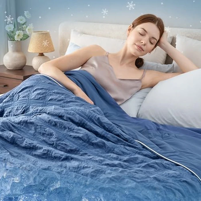 Cozy Bliss Cooling Comforter Seersucker Plaid King Size, Q-Max 0.45 Lightweight Cooling Blanket, Breathable Silk Smooth Summer Bedding Quilt for Hot Sleepers Night Sweats Denim Blue by Cozy Bliss - Image 8