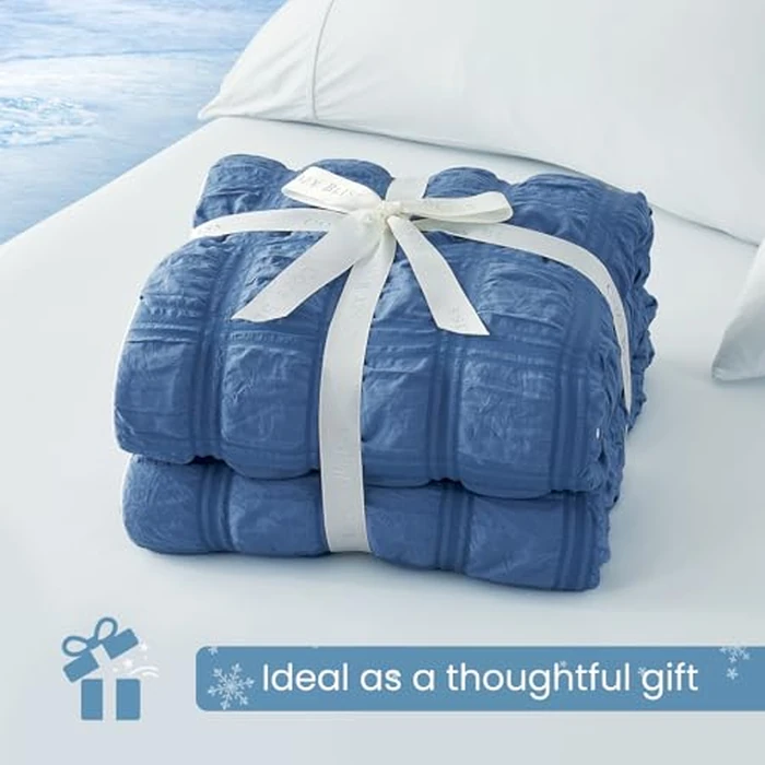 Cozy Bliss Cooling Comforter Seersucker Plaid King Size, Q-Max 0.45 Lightweight Cooling Blanket, Breathable Silk Smooth Summer Bedding Quilt for Hot Sleepers Night Sweats Denim Blue by Cozy Bliss - Image 9