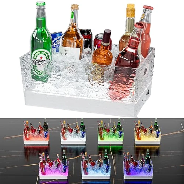 Plastic Ice Bucket Beverage Tubs for Parties, 15Liter / 4 Gallon Large Clear Drink Tub for Champagne Beer Drink Wine Cocktails, 7 Colors LED Light Up with Remote, Leakproof by DaJi-U - Used - Very Good condition - US$68.00